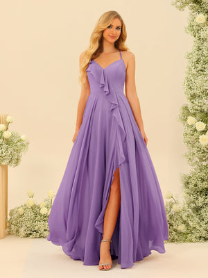 A-Line/Princess Spaghetti Straps V-Neck Long Bridesmaid Dresses with Split Side & Ruffles
