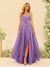 A-Line/Princess Spaghetti Straps V-Neck Long Bridesmaid Dresses with Split Side & Ruffles