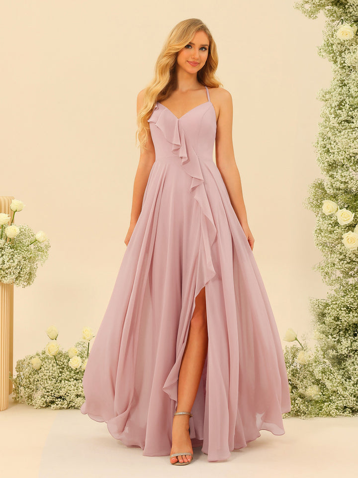 A-Line/Princess Spaghetti Straps V-Neck Long Bridesmaid Dresses with Split Side &amp; Ruffles
