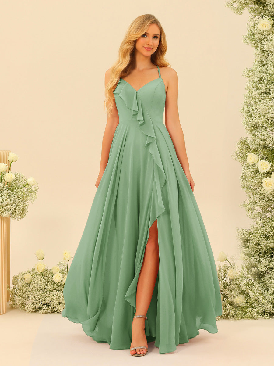 A-Line/Princess Spaghetti Straps V-Neck Long Bridesmaid Dresses with Split Side &amp; Ruffles