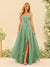 A-Line/Princess Spaghetti Straps V-Neck Long Bridesmaid Dresses with Split Side & Ruffles
