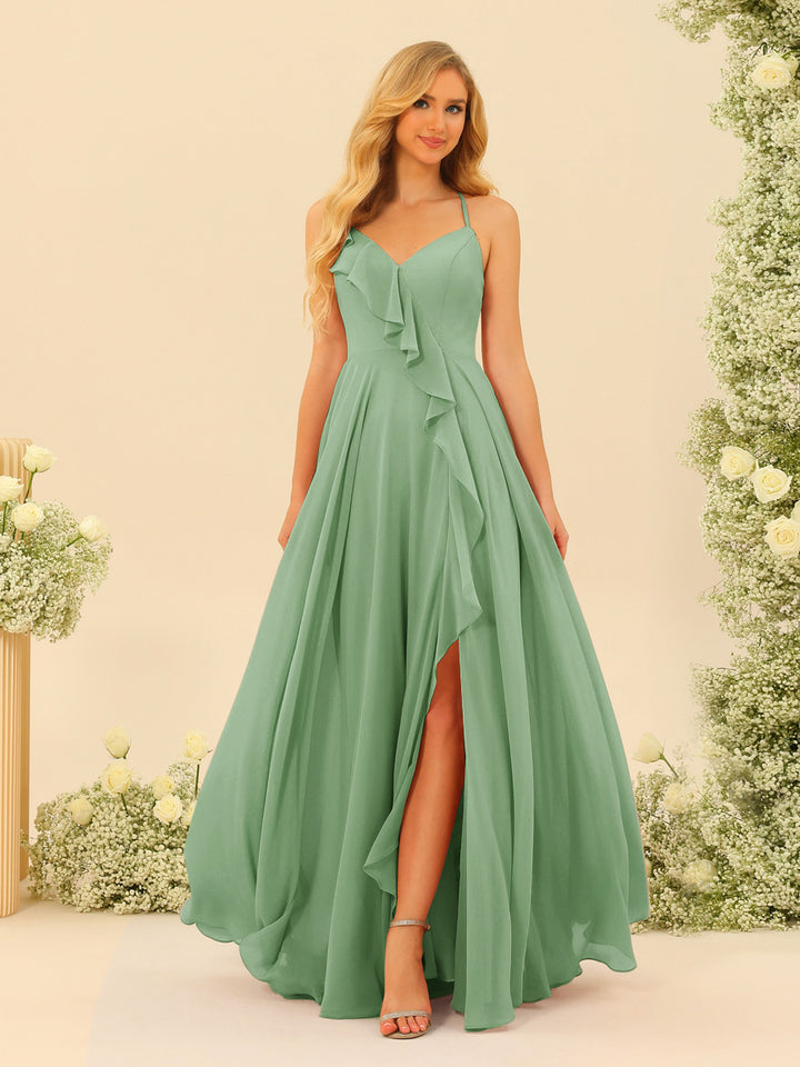 A-Line/Princess Spaghetti Straps V-Neck Long Bridesmaid Dresses with Split Side &amp; Ruffles