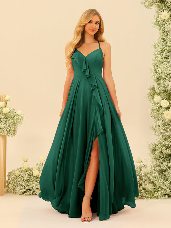 A-Line/Princess Spaghetti Straps V-Neck Long Bridesmaid Dresses with Split Side & Ruffles
