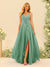 A-Line/Princess Spaghetti Straps V-Neck Long Bridesmaid Dresses with Split Side & Ruffles