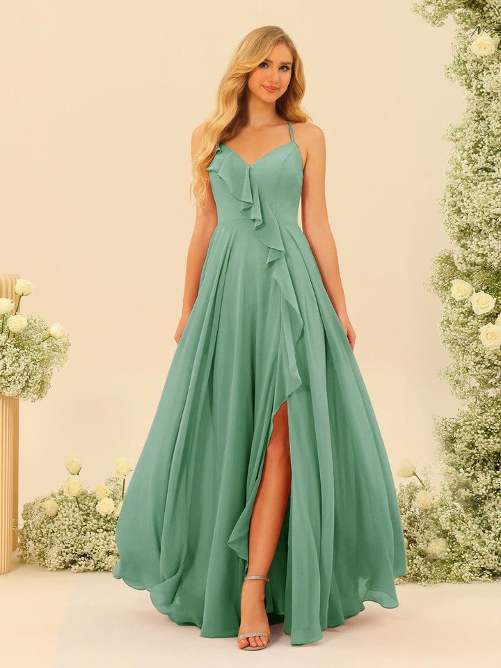A-Line/Princess Spaghetti Straps V-Neck Long Bridesmaid Dresses with Split Side &amp; Ruffles
