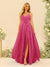 A-Line/Princess Spaghetti Straps V-Neck Long Bridesmaid Dresses with Split Side & Ruffles
