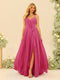 A-Line/Princess Spaghetti Straps V-Neck Long Bridesmaid Dresses with Split Side & Ruffles