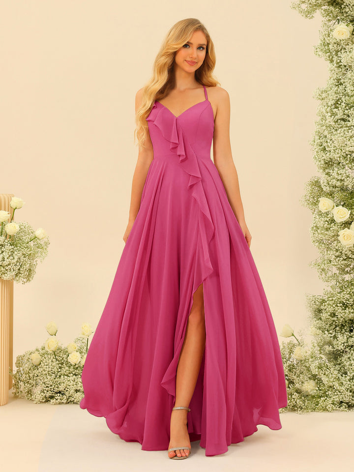 A-Line/Princess Spaghetti Straps V-Neck Long Bridesmaid Dresses with Split Side &amp; Ruffles