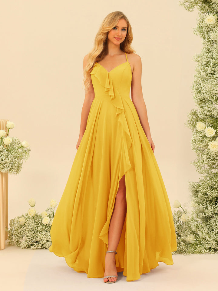A-Line/Princess Spaghetti Straps V-Neck Long Bridesmaid Dresses with Split Side &amp; Ruffles