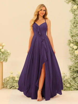A-Line/Princess Spaghetti Straps V-Neck Long Bridesmaid Dresses with Split Side & Ruffles