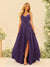 A-Line/Princess Spaghetti Straps V-Neck Long Bridesmaid Dresses with Split Side & Ruffles