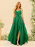 A-Line/Princess Spaghetti Straps V-Neck Long Bridesmaid Dresses with Split Side & Ruffles