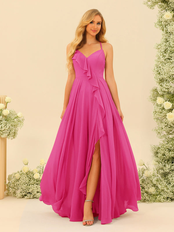 A-Line/Princess Spaghetti Straps V-Neck Long Bridesmaid Dresses with Split Side & Ruffles