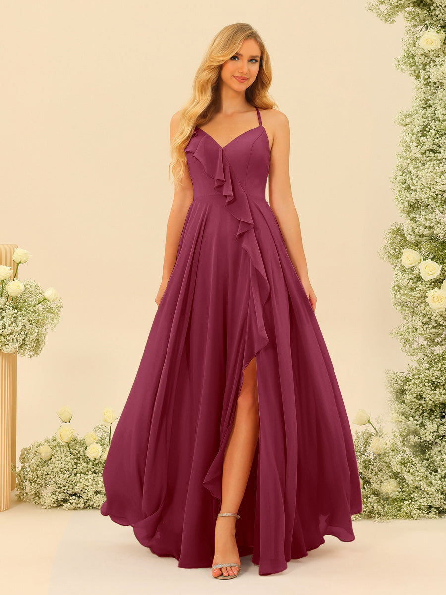 A-Line/Princess Spaghetti Straps V-Neck Long Bridesmaid Dresses with Split Side &amp; Ruffles