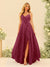 A-Line/Princess Spaghetti Straps V-Neck Long Bridesmaid Dresses with Split Side & Ruffles