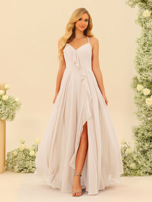 A-Line/Princess Spaghetti Straps V-Neck Long Bridesmaid Dresses with Split Side & Ruffles
