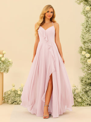 A-Line/Princess Spaghetti Straps V-Neck Long Bridesmaid Dresses with Split Side & Ruffles