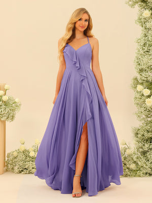 A-Line/Princess Spaghetti Straps V-Neck Long Bridesmaid Dresses with Split Side & Ruffles