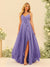 A-Line/Princess Spaghetti Straps V-Neck Long Bridesmaid Dresses with Split Side & Ruffles