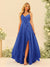 A-Line/Princess Spaghetti Straps V-Neck Long Bridesmaid Dresses with Split Side & Ruffles