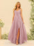 A-Line/Princess Spaghetti Straps V-Neck Long Bridesmaid Dresses with Split Side & Ruffles