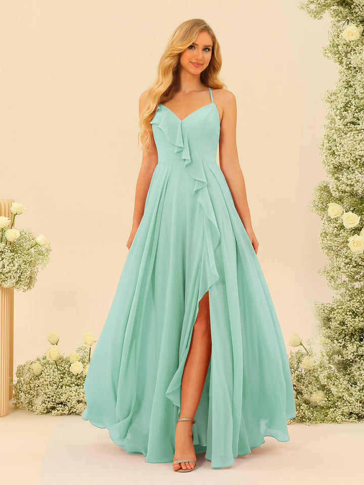 A-Line/Princess Spaghetti Straps V-Neck Long Bridesmaid Dresses with Split Side &amp; Ruffles
