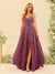 A-Line/Princess Spaghetti Straps V-Neck Long Bridesmaid Dresses with Split Side & Ruffles