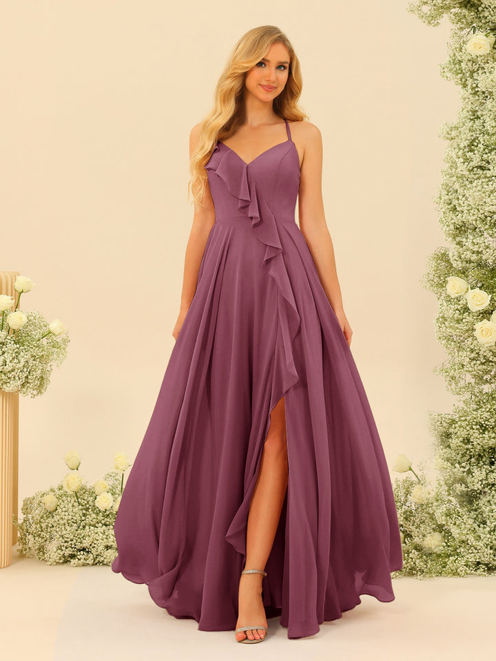 A-Line/Princess Spaghetti Straps V-Neck Long Bridesmaid Dresses with Split Side &amp; Ruffles