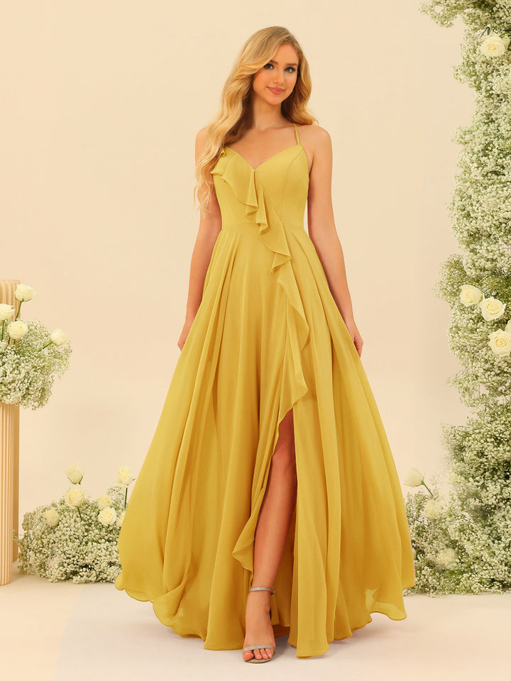A-Line/Princess Spaghetti Straps V-Neck Long Bridesmaid Dresses with Split Side &amp; Ruffles