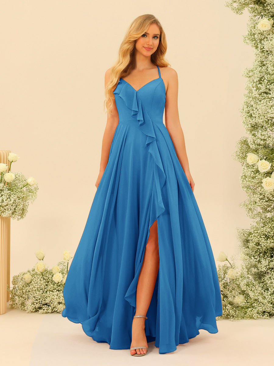 A-Line/Princess Spaghetti Straps V-Neck Long Bridesmaid Dresses with Split Side &amp; Ruffles