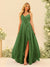 A-Line/Princess Spaghetti Straps V-Neck Long Bridesmaid Dresses with Split Side & Ruffles