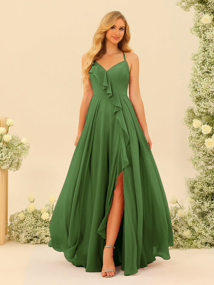 A-Line/Princess Spaghetti Straps V-Neck Long Bridesmaid Dresses with Split Side &amp; Ruffles