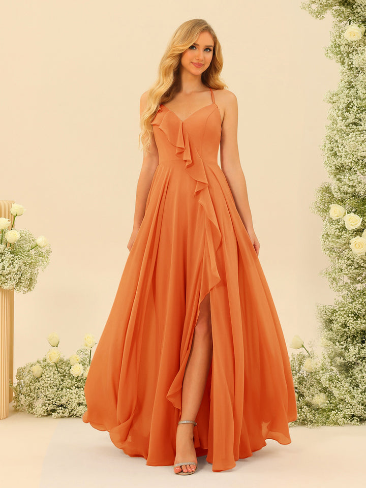 A-Line/Princess Spaghetti Straps V-Neck Long Bridesmaid Dresses with Split Side &amp; Ruffles
