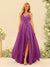 A-Line/Princess Spaghetti Straps V-Neck Long Bridesmaid Dresses with Split Side & Ruffles