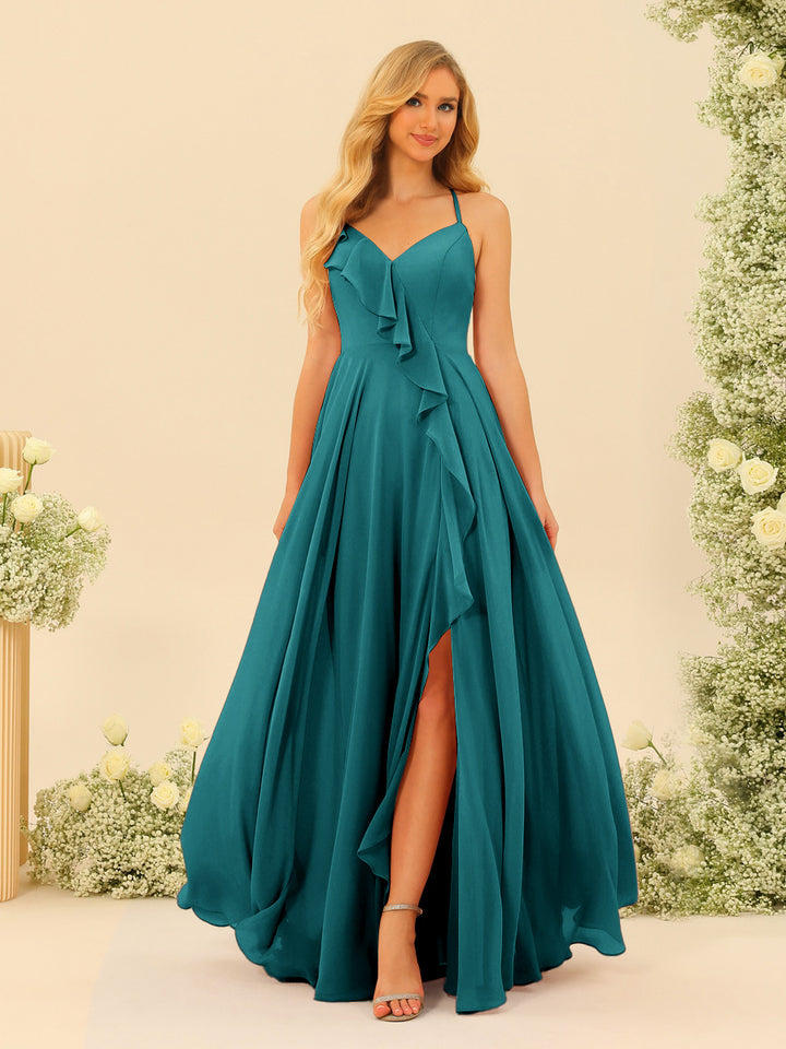 A-Line/Princess Spaghetti Straps V-Neck Long Bridesmaid Dresses with Split Side &amp; Ruffles