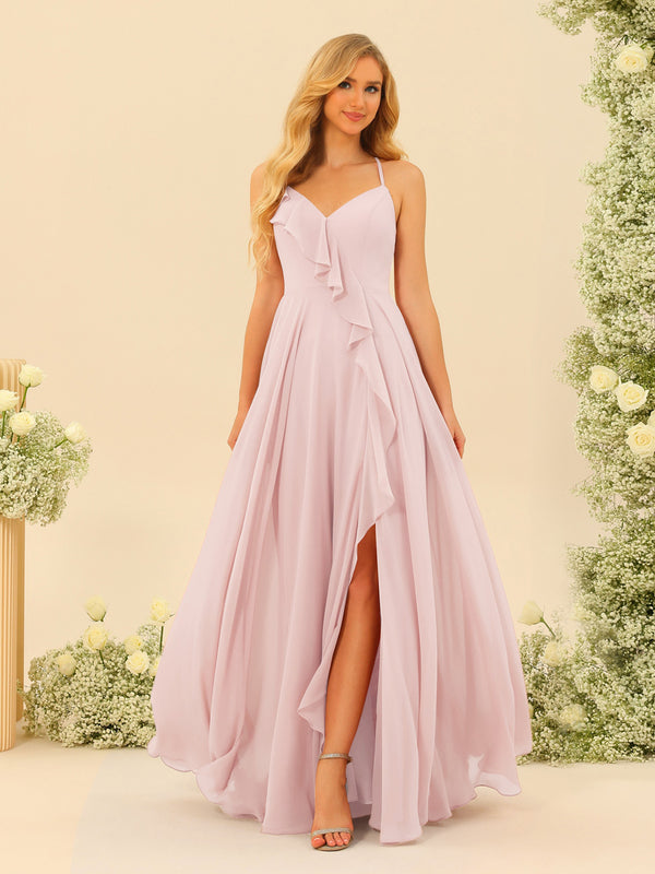 A-Line/Princess Spaghetti Straps V-Neck Long Bridesmaid Dresses with Split Side & Ruffles