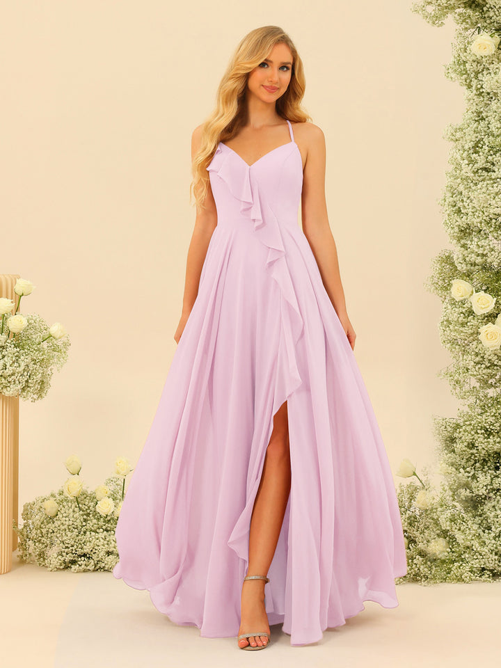 A-Line/Princess Spaghetti Straps V-Neck Long Bridesmaid Dresses with Split Side &amp; Ruffles