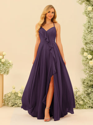 A-Line/Princess Spaghetti Straps V-Neck Long Bridesmaid Dresses with Split Side & Ruffles
