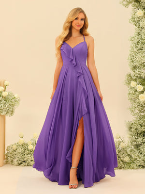 A-Line/Princess Spaghetti Straps V-Neck Long Bridesmaid Dresses with Split Side & Ruffles