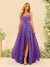 A-Line/Princess Spaghetti Straps V-Neck Long Bridesmaid Dresses with Split Side & Ruffles