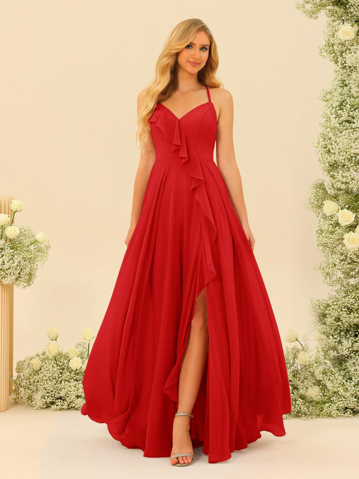 A-Line/Princess Spaghetti Straps V-Neck Long Bridesmaid Dresses with Split Side &amp; Ruffles