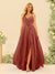 A-Line/Princess Spaghetti Straps V-Neck Long Bridesmaid Dresses with Split Side & Ruffles
