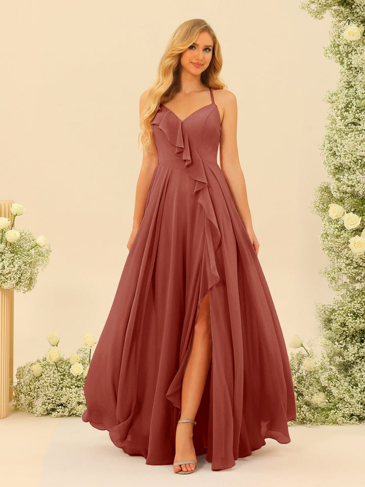 A-Line/Princess Spaghetti Straps V-Neck Long Bridesmaid Dresses with Split Side &amp; Ruffles