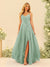 A-Line/Princess Spaghetti Straps V-Neck Long Bridesmaid Dresses with Split Side & Ruffles
