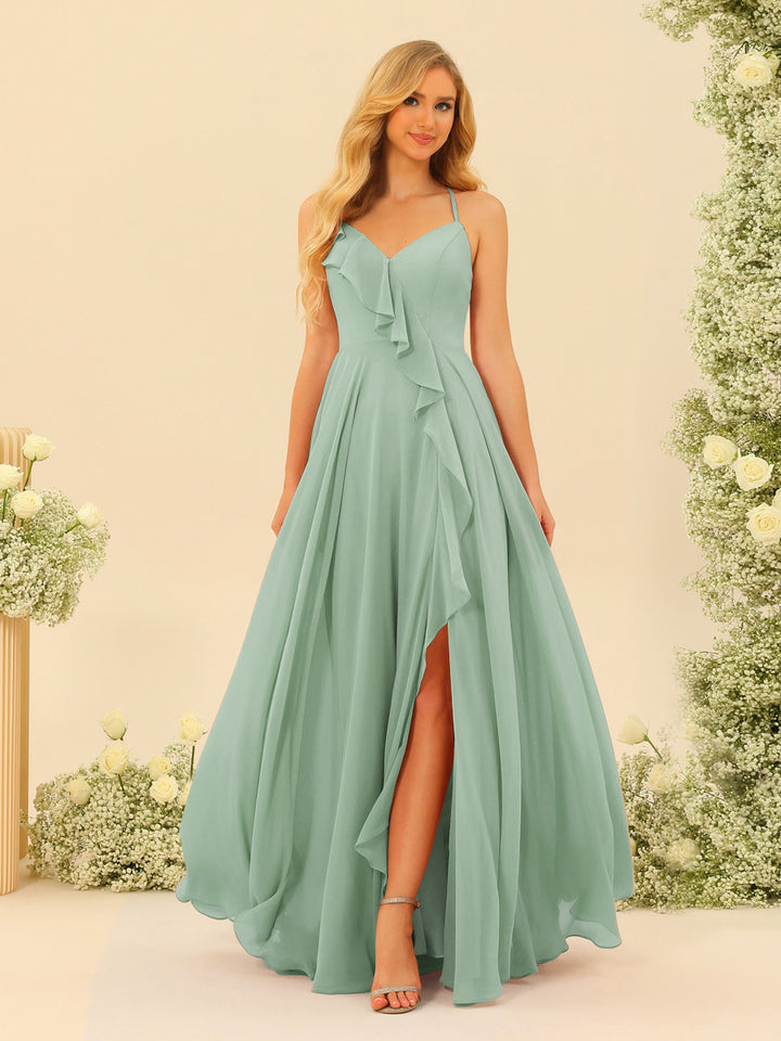 A-Line/Princess Spaghetti Straps V-Neck Long Bridesmaid Dresses with Split Side &amp; Ruffles