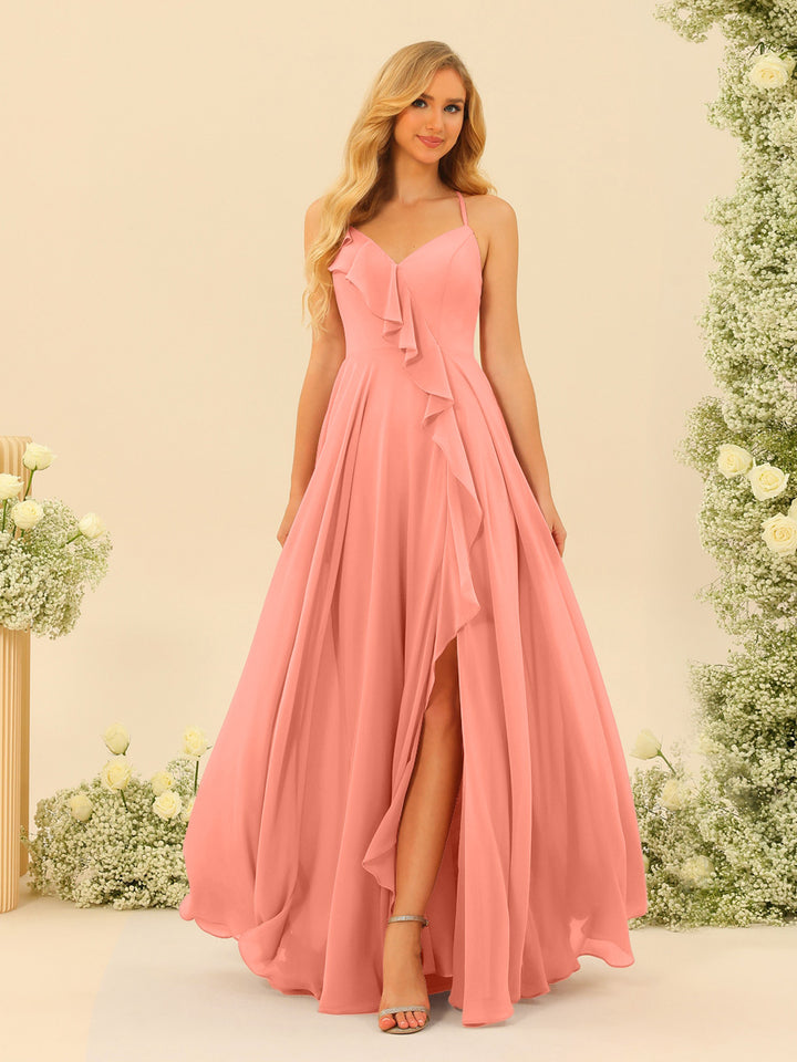 A-Line/Princess Spaghetti Straps V-Neck Long Bridesmaid Dresses with Split Side &amp; Ruffles