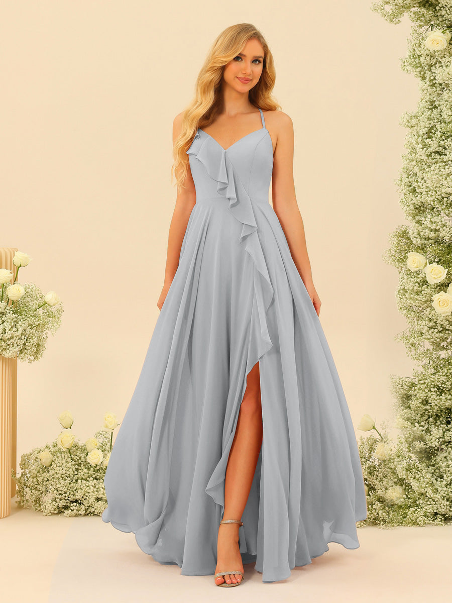A-Line/Princess Spaghetti Straps V-Neck Long Bridesmaid Dresses with Split Side &amp; Ruffles