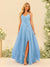 A-Line/Princess Spaghetti Straps V-Neck Long Bridesmaid Dresses with Split Side & Ruffles