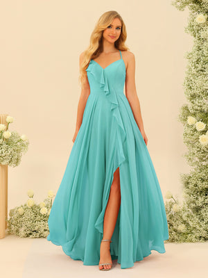 A-Line/Princess Spaghetti Straps V-Neck Long Bridesmaid Dresses with Split Side & Ruffles