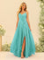 A-Line/Princess Spaghetti Straps V-Neck Long Bridesmaid Dresses with Split Side & Ruffles